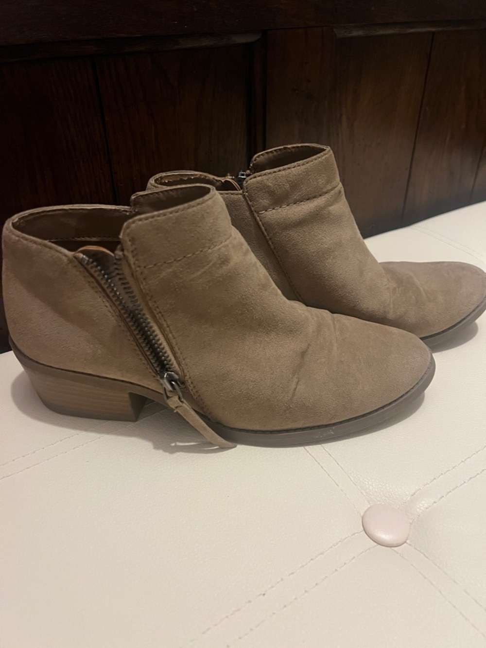 Time and Tru Taupe Suede Ankle Booties with Side Zip